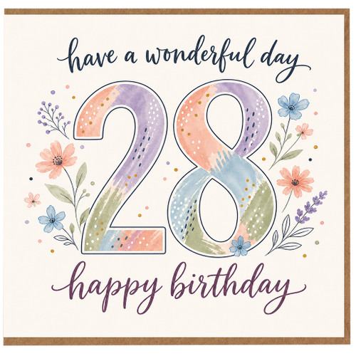 28th Birthday Card, Happy Birthday Card for 28 Year Old, Floral Watercolour Birthday Card