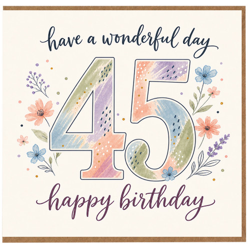 45th Birthday Card, Floral Pastel Happy Birthday Card