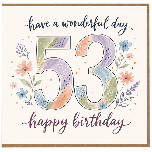 53rd Birthday Card, Floral Watercolour Happy Birthday Card