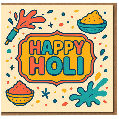 Happy Holi Card - Colourful Powder and Pichkari Illustration - Festival of Colours Greeting Card for Friends and Family