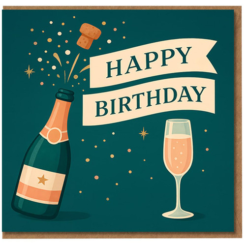 Champagne Pop Happy Birthday Card - Bottle and Glass Celebration Design with Confetti - Elegant Greeting for Him, Her, Friend, Adult