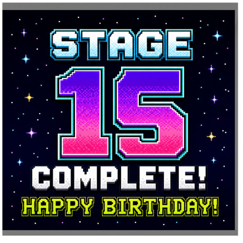 15th Birthday Card, Stage 15 Complete Retro Gaming Birthday Card