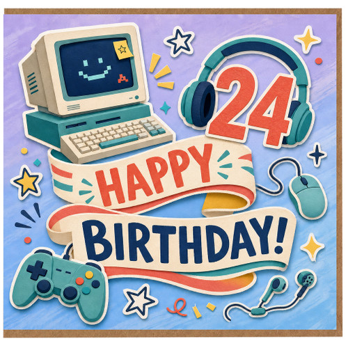 24th Birthday Card, Retro Gaming Happy Birthday Card