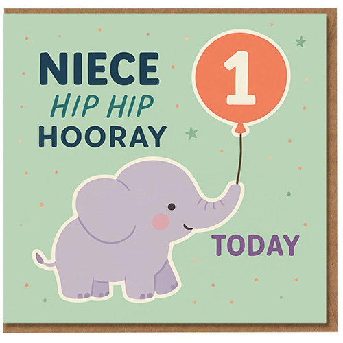 Niece 1st Birthday Card - Cute Elephant Balloon Design - Hip Hip Hooray 1 Today - First Birthday Card for Niece
