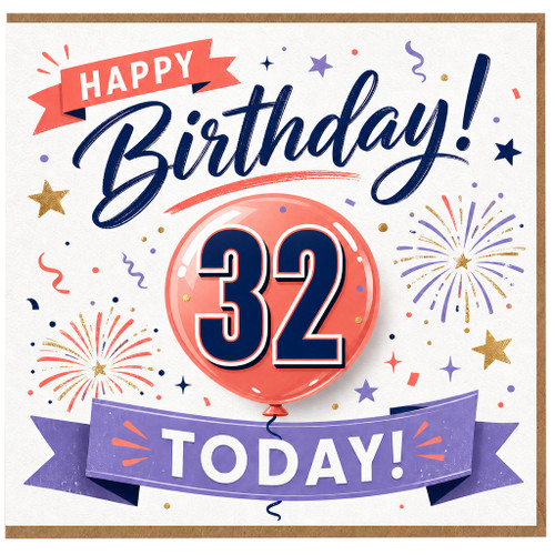 32nd Birthday Card, Happy Birthday 32 Today Balloon and Fireworks Card