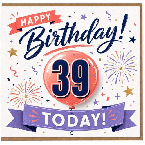 39th Birthday Card, Happy Birthday Today Balloon and Fireworks Design