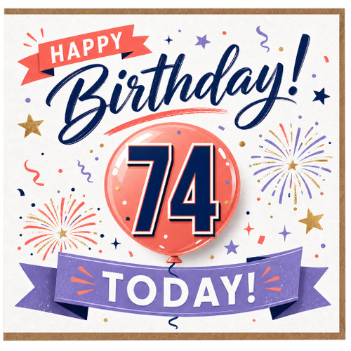 74th Birthday Card, Happy Birthday Today Balloon and Fireworks Design