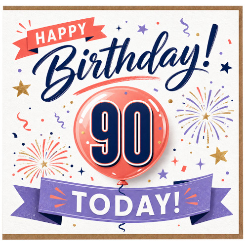 90th Birthday Card, Happy Birthday Today Balloon and Fireworks Design