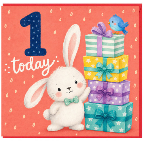 1st Birthday Card, Cute Bunny and Presents Birthday Card