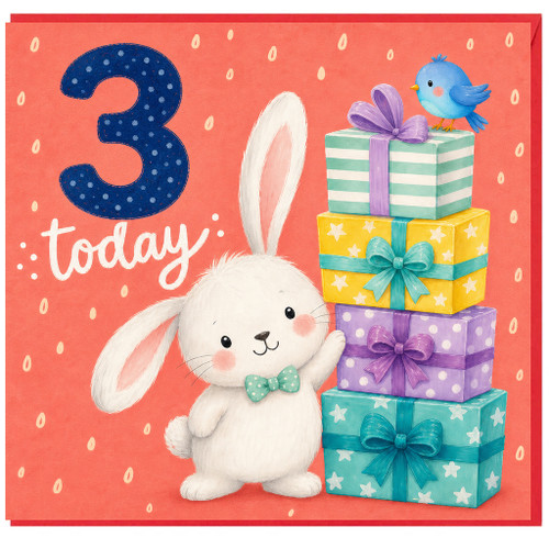 3rd Birthday Card, Cute Bunny and Gifts Card