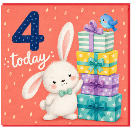 4th Birthday Card, Cute Bunny and Gifts Card