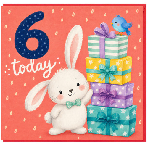 6th Birthday Card, Cute Bunny and Presents Card