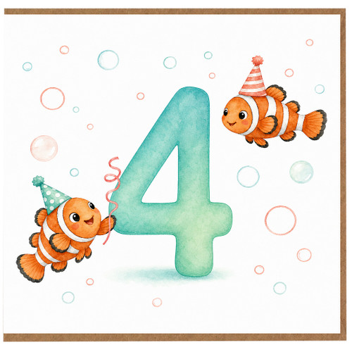 4th Birthday Card, - Cute Clownfish Number 4 Party Design