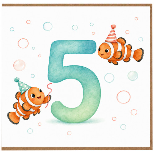 5th Birthday Card, with Clownfish and Party Hats