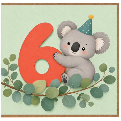 6th Birthday Card, Cute Koala with Party Hat and Number 6