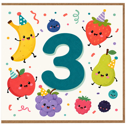 3rd Birthday Card, Cute Fruit Number 3 Party Card