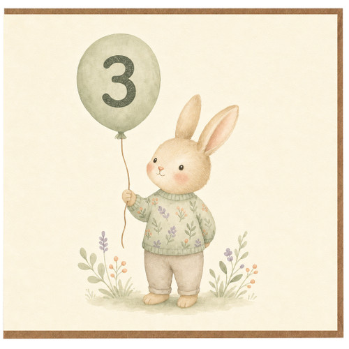 3rd Birthday Card, Cute Bunny with Number 3 Balloon