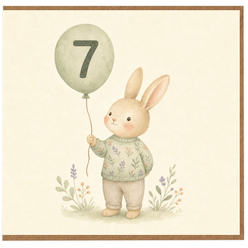7th Birthday Card, Cute Rabbit Balloon Card