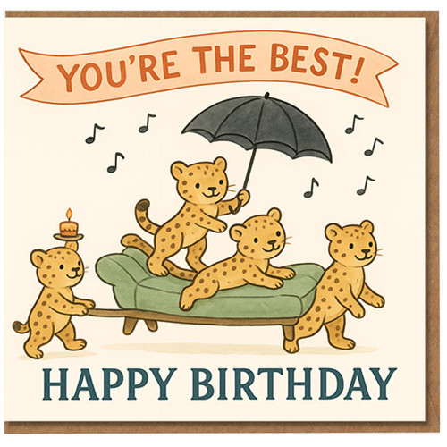 Leopard Cubs Happy Birthday Card - 'You're The Best!' Banner, Fun Animal Parade with Sofa and Umbrella - Cute Animal Design for Kids, Friends or Family