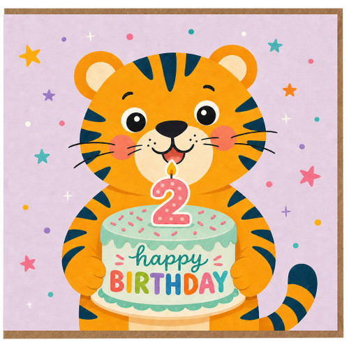2nd Birthday Card, Cute Tiger Holding Birthday Cake
