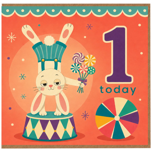 1st Birthday Card, Cute Bunny Circus Theme, 1 Today