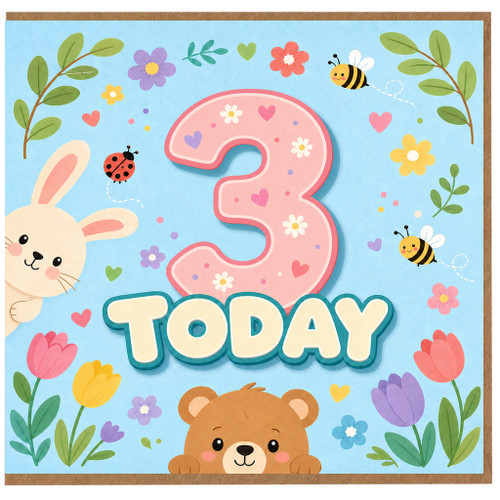 3rd Birthday Card, Today Bunny, Bear and Garden Animal Design