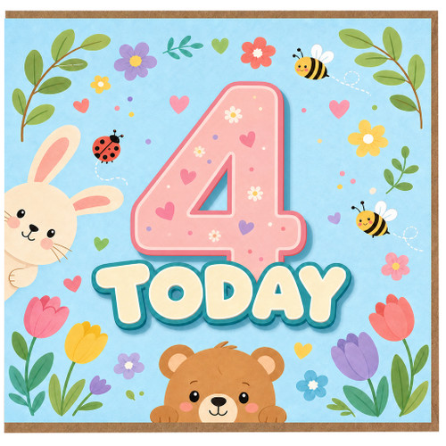 4th Birthday Card, Cute Pastel Bunny and Bear Today Card