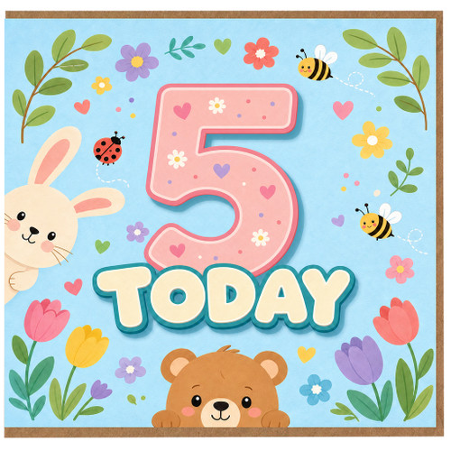 5th Birthday Card, Cute Bunny Bear and Bees Today