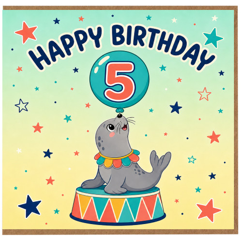 5th Birthday Card, Cute Seal Balloon Birthday Card