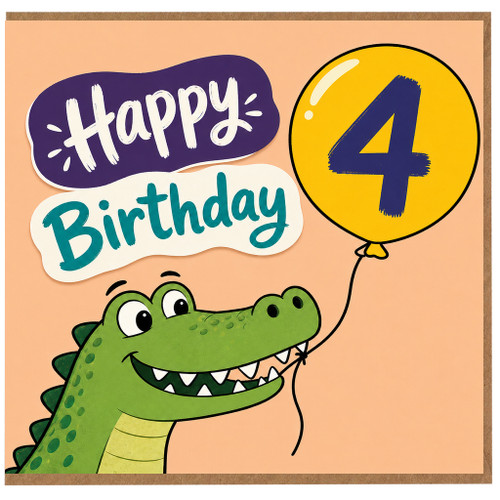 4th Birthday Card, Happy Birthday Crocodile Balloon Card
