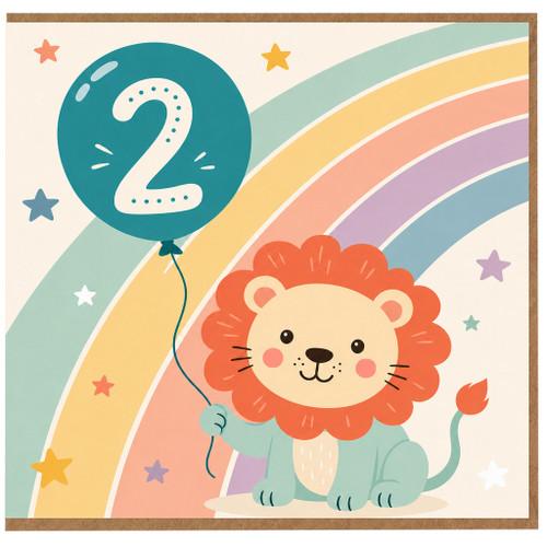 2nd Birthday Card, Cute Lion and Rainbow Balloon Card