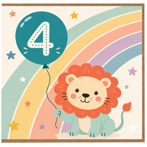 4th Birthday Card, Cute Lion and Rainbow Birthday Card