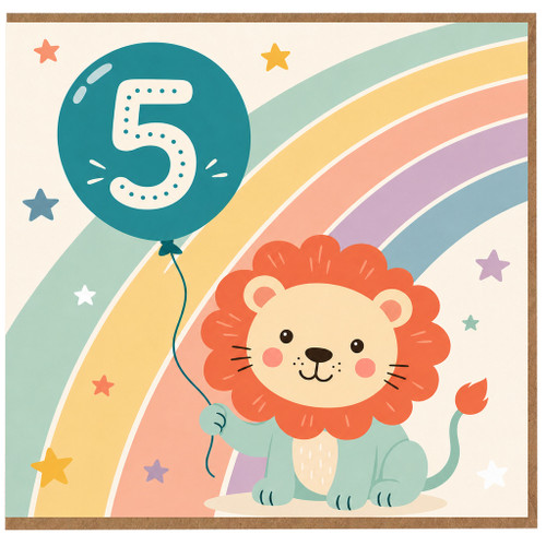 5th Birthday Card, Cute Lion and Rainbow Design