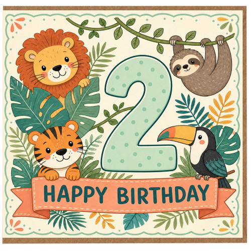 2nd Birthday Card, Jungle Animals Happy Birthday Card