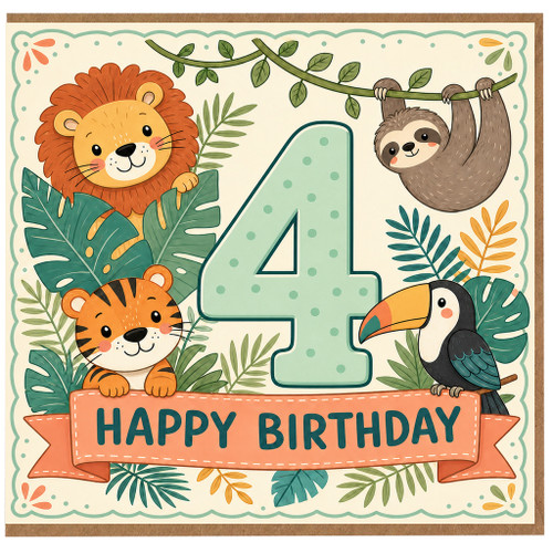 4th Birthday Card, Cute Jungle Animals Happy Birthday Card