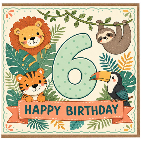 6th Birthday Card, Jungle Animals Happy Birthday Card