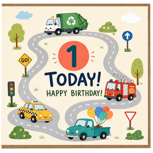 1st Birthday Card, 1 Today Happy Birthday Card with Cute Cars and Trucks