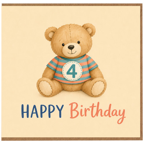 4th Birthday Card, Cute Teddy Bear Happy Birthday Card