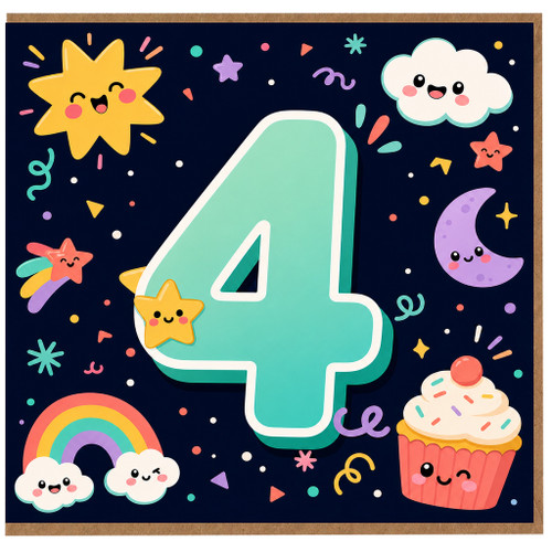 4th Birthday Card, Cute Colourful Number 4 Card