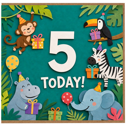 5th Birthday Card, Jungle Animals 5 Today Card