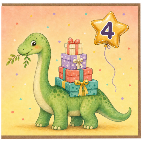 4th Birthday Card, Cute Dinosaur with Presents