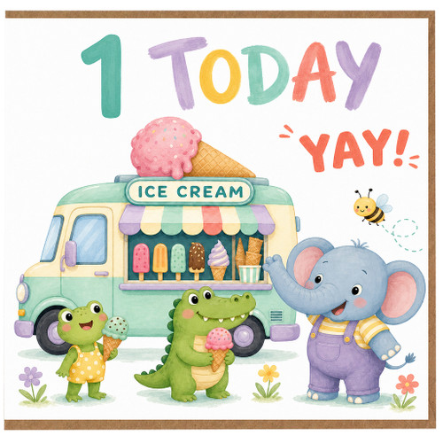 1st Birthday Card, Cute Ice Cream Truck and Animals Design