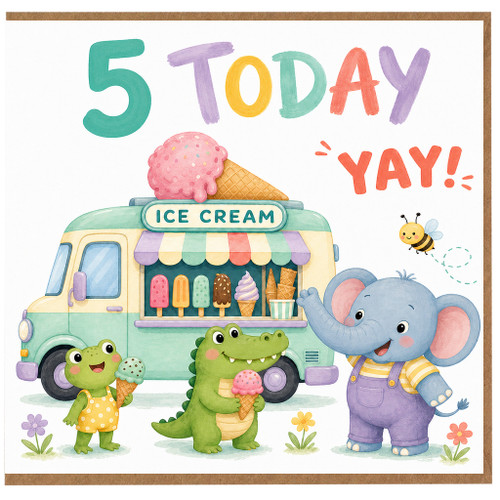5th Birthday Card, Cute Ice Cream Truck Animals Birthday Card