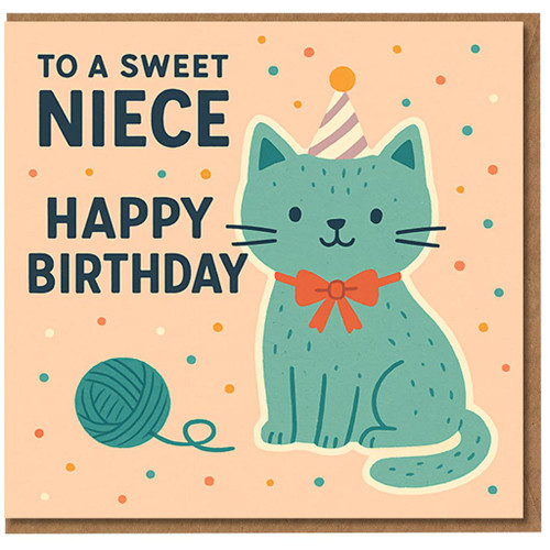 Niece Birthday Card - Cute Cat with Party Hat, Yarn and Confetti - To a Sweet Niece, Happy Birthday - Adorable Kitty Design from Aunt or Uncle