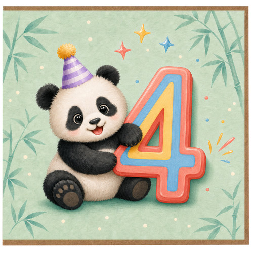 4th Birthday Card, Cute Panda with Party Hat