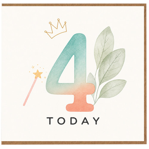 4th Birthday Card, Pastel Crown and Leaves Design, Today