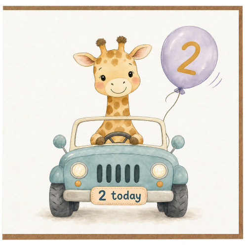 2nd Birthday Card, Cute Giraffe in Car with Balloon