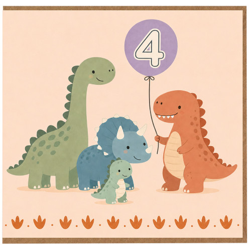 4th Birthday Card, Cute Dinosaur Birthday Card