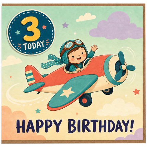 3rd Birthday Card, Happy Birthday Card for 3 Year Old Boy or Girl, Cute Pilot Airplane Birthday Card