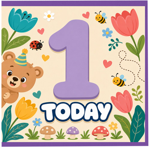 1st Birthday Card, Cute Teddy Bear and Floral Today Design